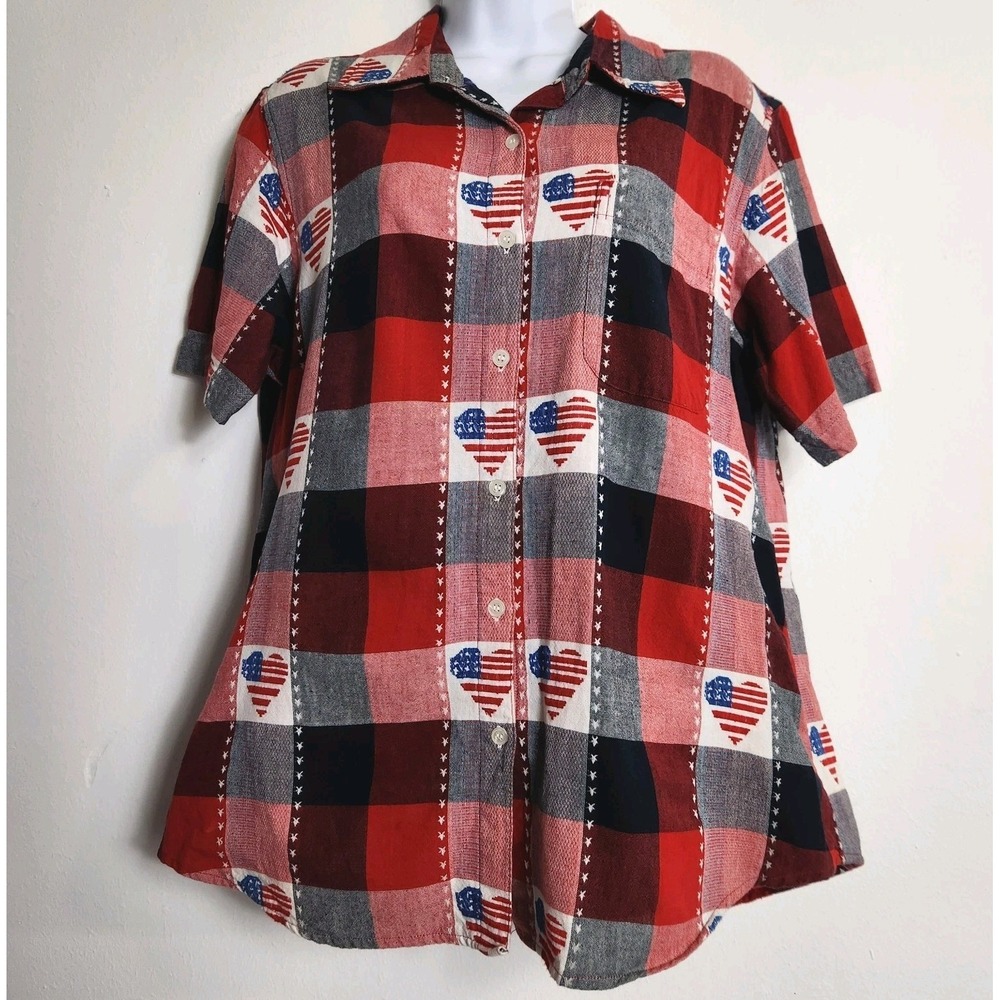 Vintage Collections Etc Patriotic Plaid Shirt Womens Large USA Flag Heart Cotton